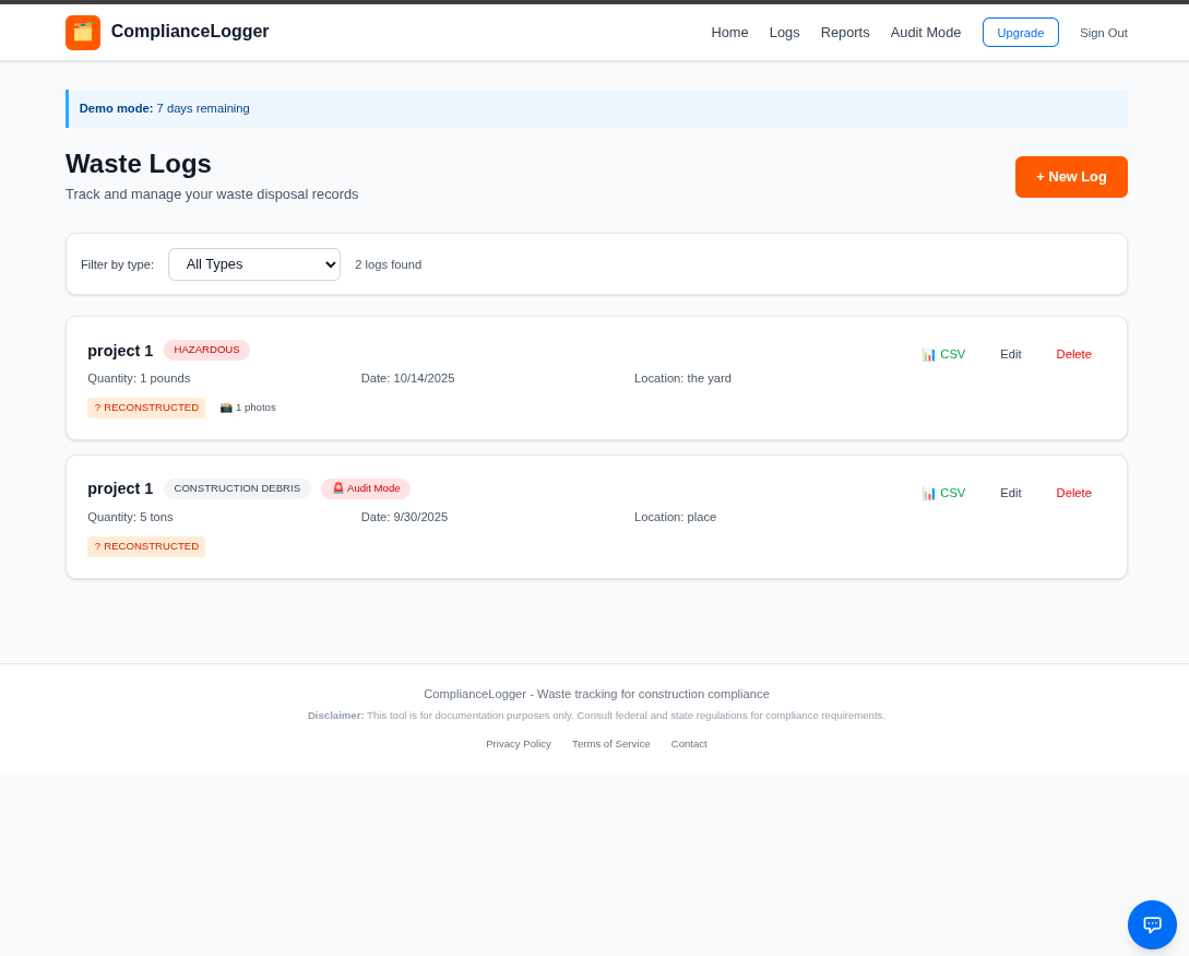 Waste Logs Dashboard - List view with filters, confidence badges, and CSV export