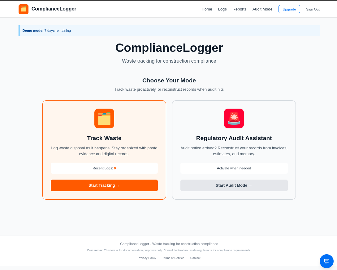 ComplianceLogger Mode Selection - Choose between Track Waste or EPA Audit Assistant