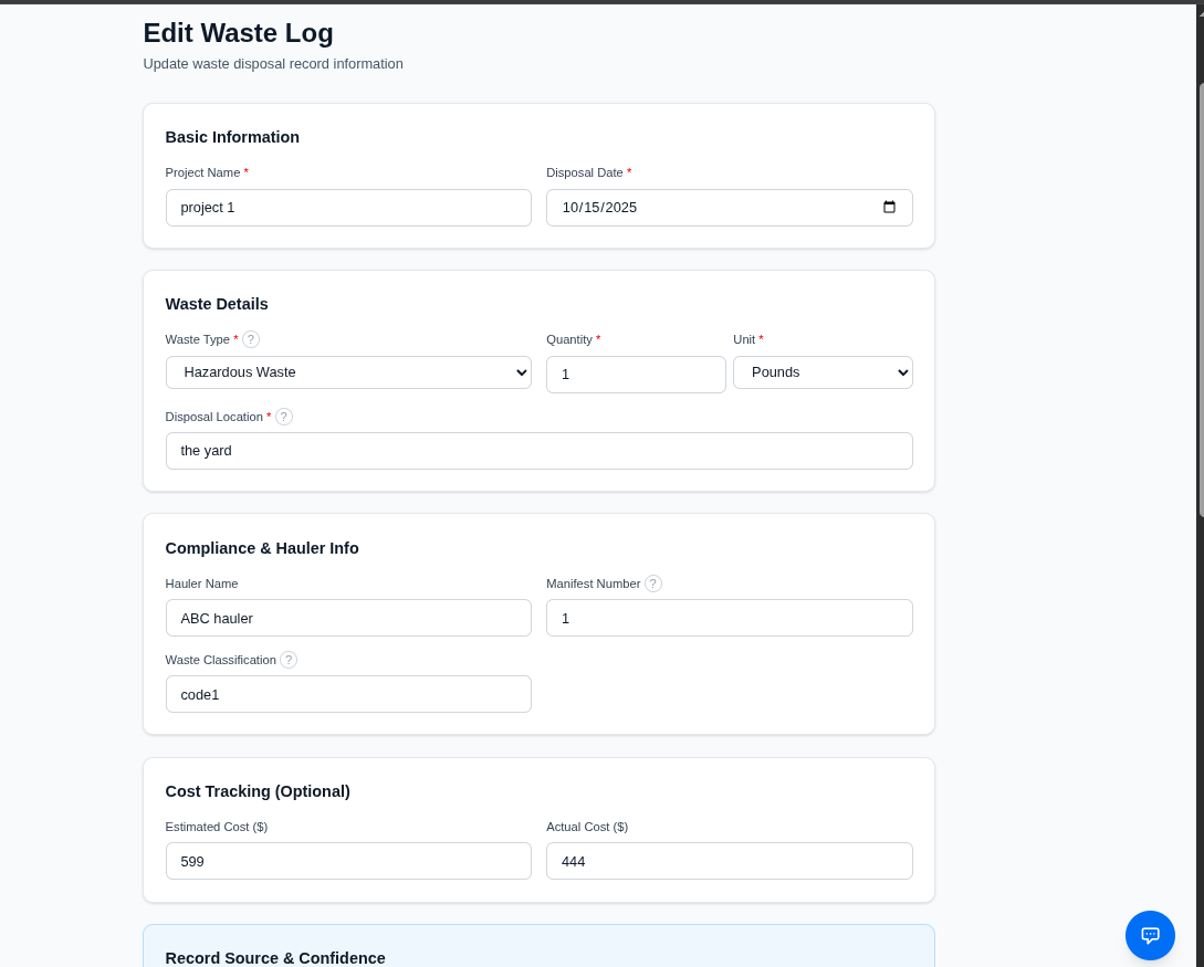 Waste Log Form - Complete waste disposal entry form with all fields