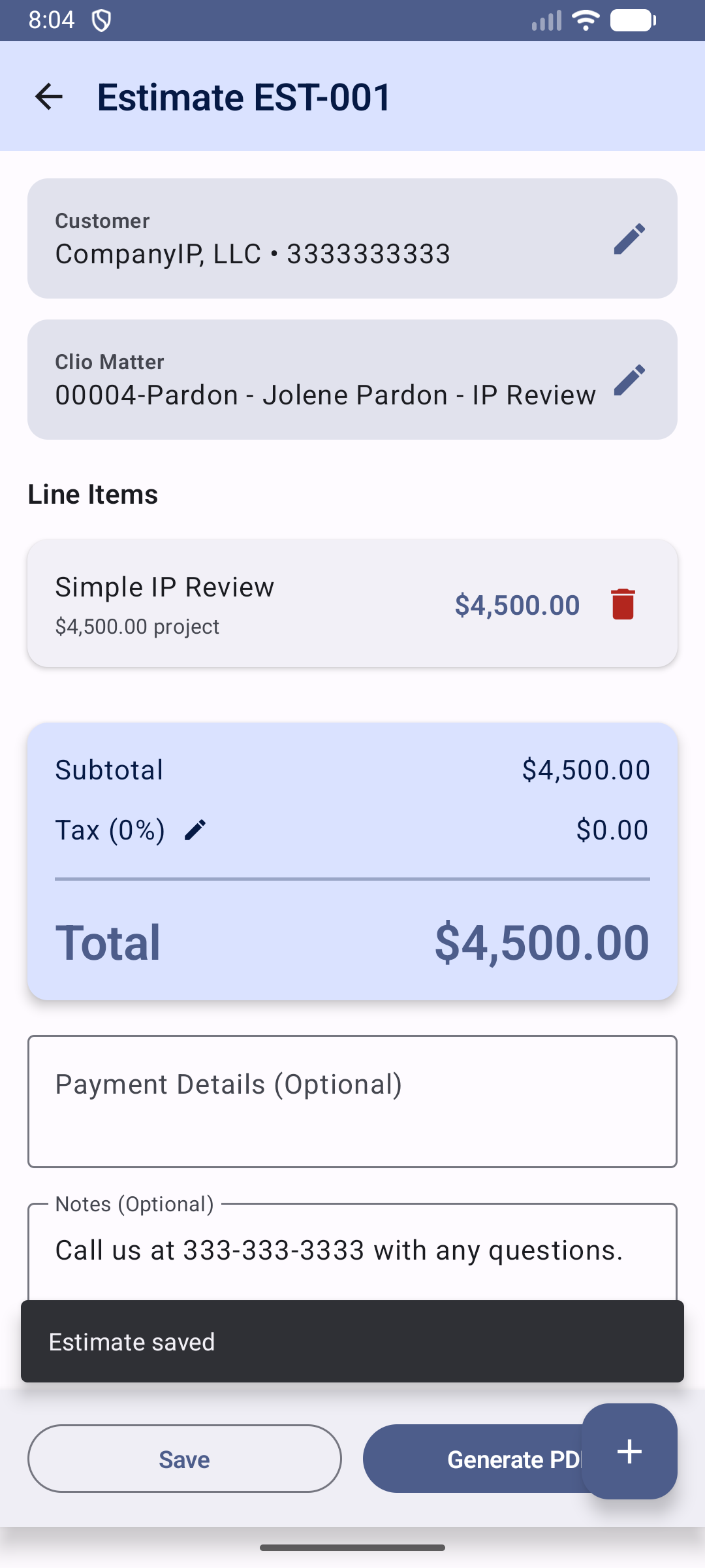 QuoteCreator showing Clio customer and matter selection