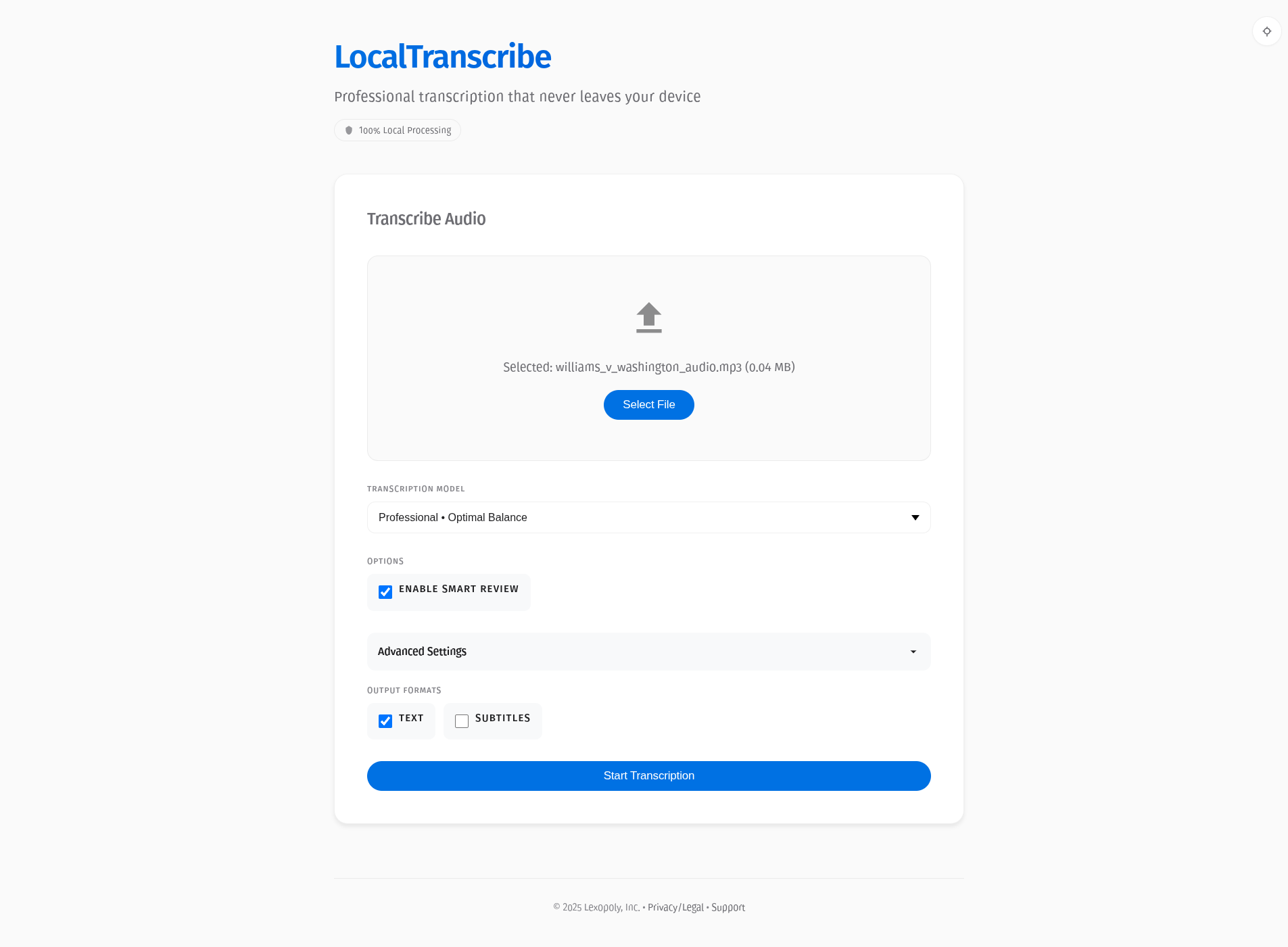 LocalTranscribe upload interface
