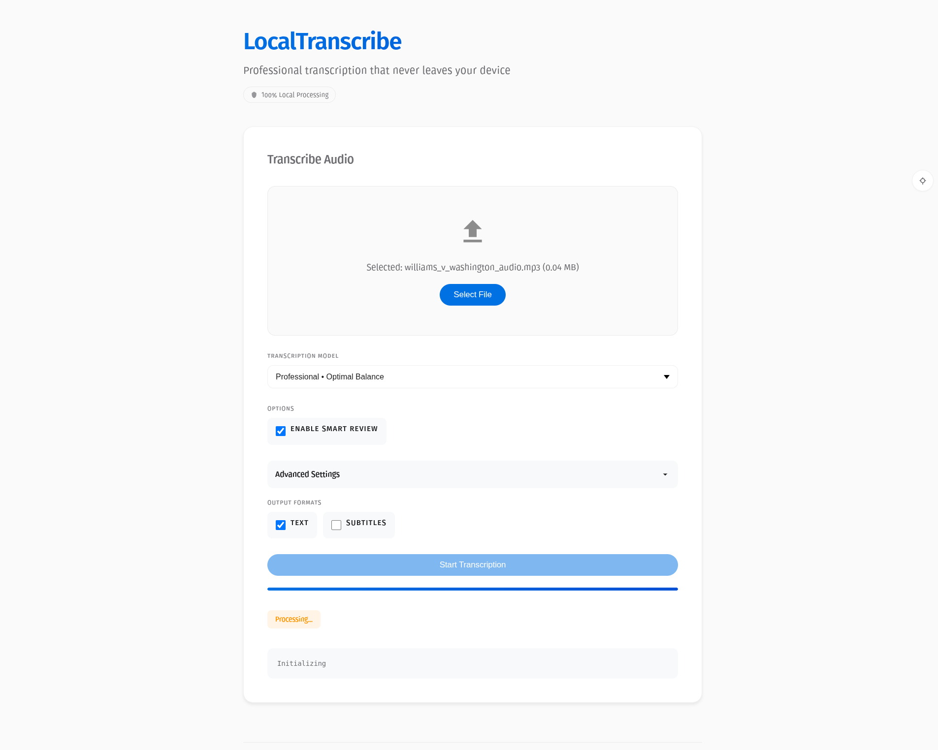 LocalTranscribe processing