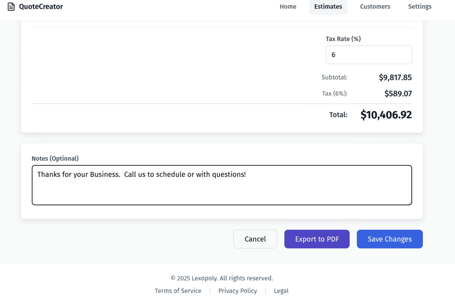 Estimate totals section showing subtotal, tax, grand total, notes field, and Export to PDF button