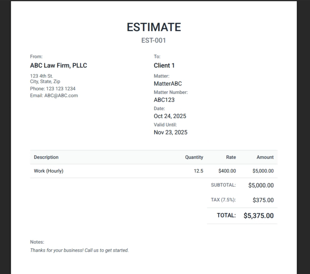Law firm estimate example - ABC Law Firm, PLLC generating professional PDF for Client 1 with matter ABC, total $5,375