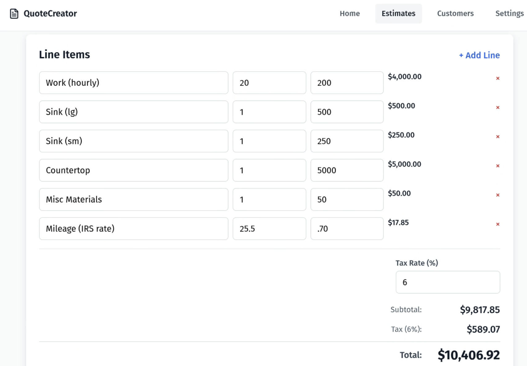 Line items editor showing 6 items for kitchen remodel with quantities, rates, and amounts - total $10,406.92