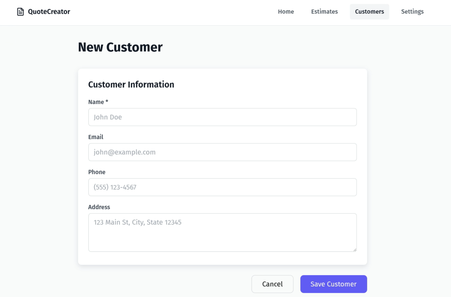 Customer management form showing fields for name, email, phone, and address