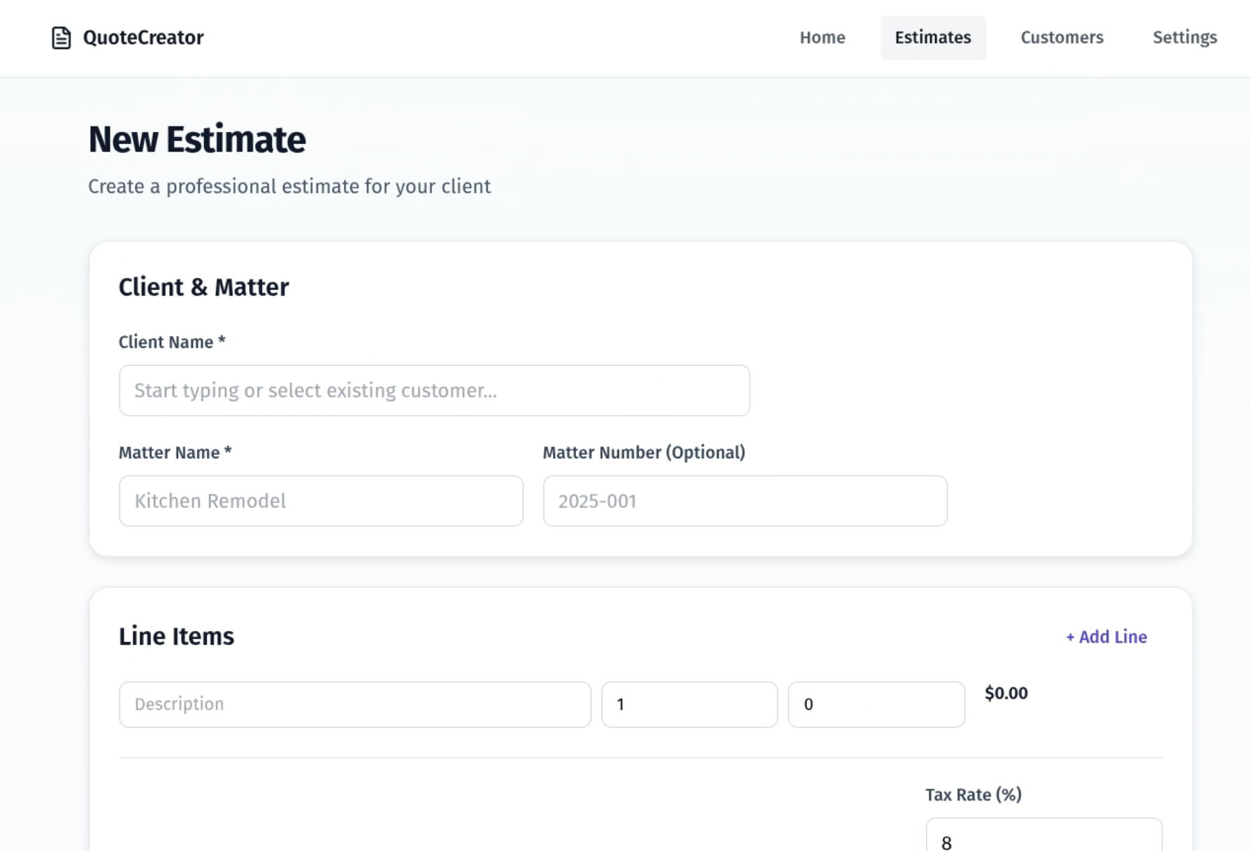 New estimate form interface showing client and matter fields with clean, simple design